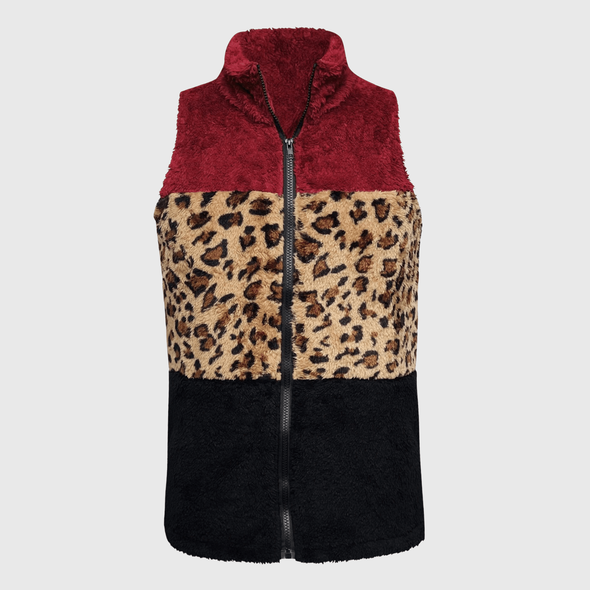 ILTEX Apparel Adult Clothing Sherpa Color Block Cheetah Burgundy Vest Women