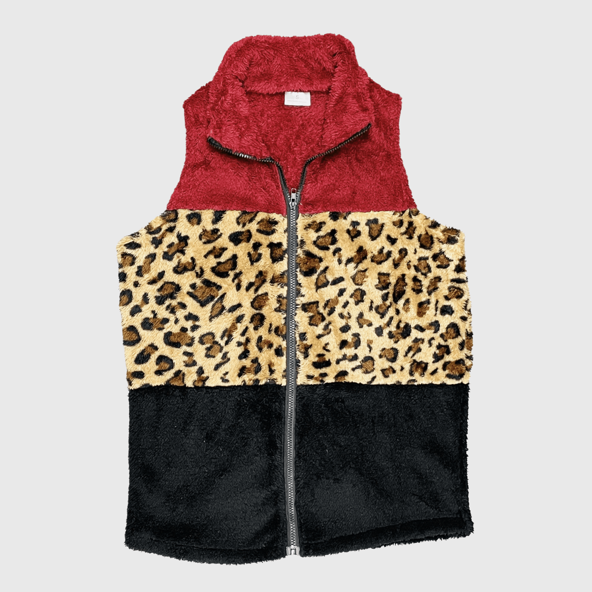ILTEX Apparel Adult Clothing Sherpa Color Block Cheetah Burgundy Vest Women