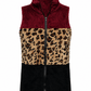 ILTEX Apparel Adult Clothing Sherpa Color Block Cheetah Burgundy Vest Women