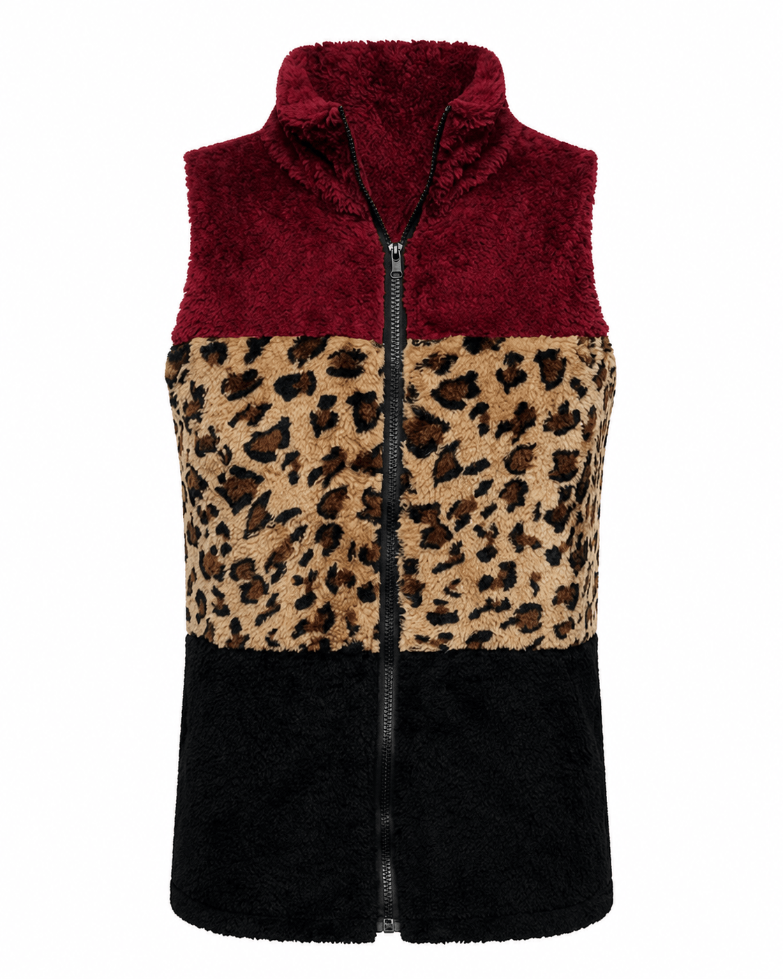 ILTEX Apparel Adult Clothing Sherpa Color Block Cheetah Burgundy Vest Women