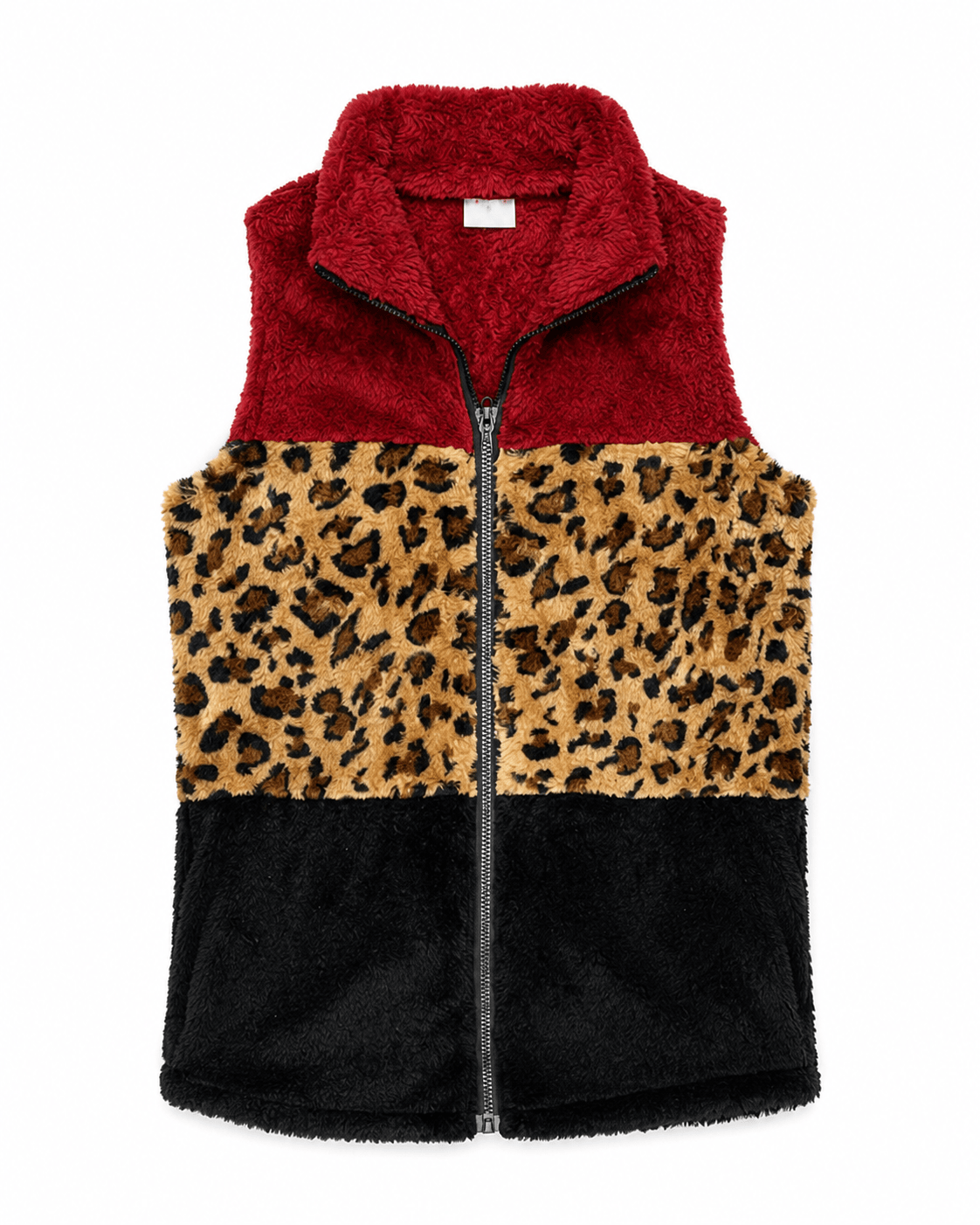 ILTEX Apparel Adult Clothing Sherpa Color Block Cheetah Burgundy Vest Women