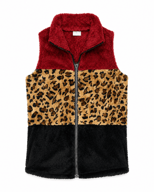 ILTEX Apparel Adult Clothing Sherpa Color Block Cheetah Burgundy Vest Women