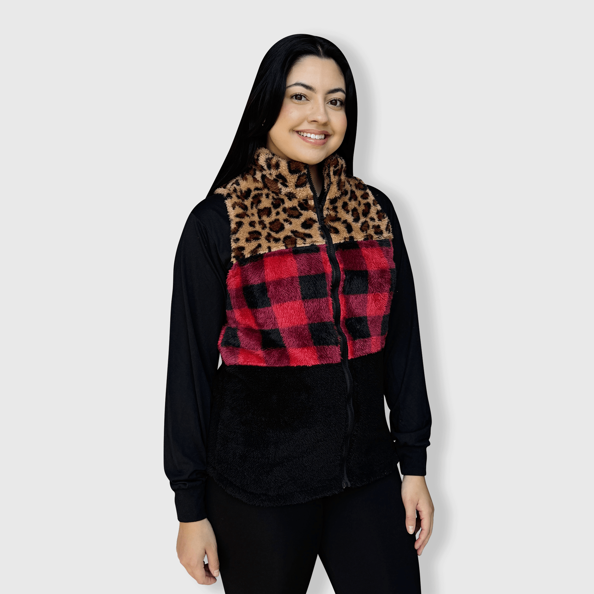 ILTEX Apparel Adult Clothing Sherpa Color Block Plaid Cheetah Vest Women