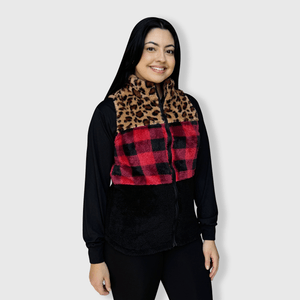ILTEX Apparel Adult Clothing Sherpa Color Block Plaid Cheetah Vest Women