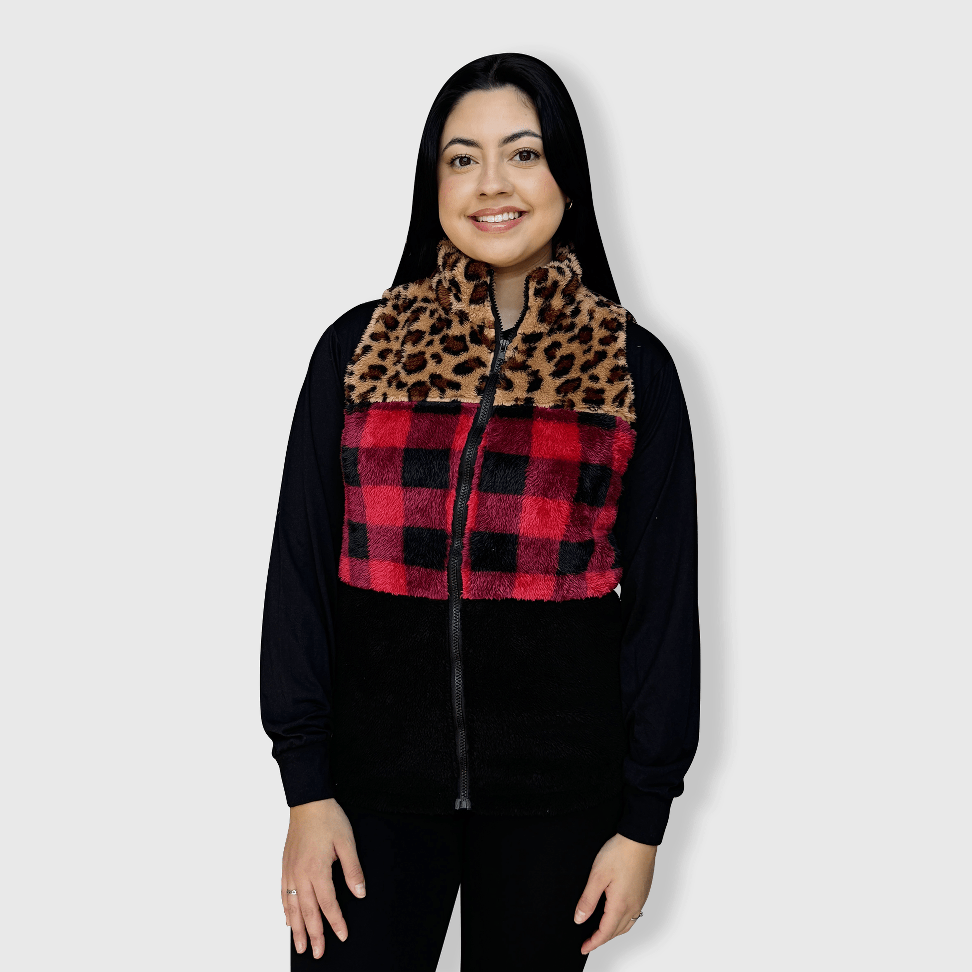 ILTEX Apparel Adult Clothing Sherpa Color Block Plaid Cheetah Vest Women