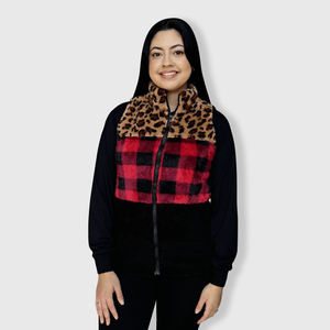 ILTEX Apparel Adult Clothing Sherpa Color Block Plaid Cheetah Vest Women