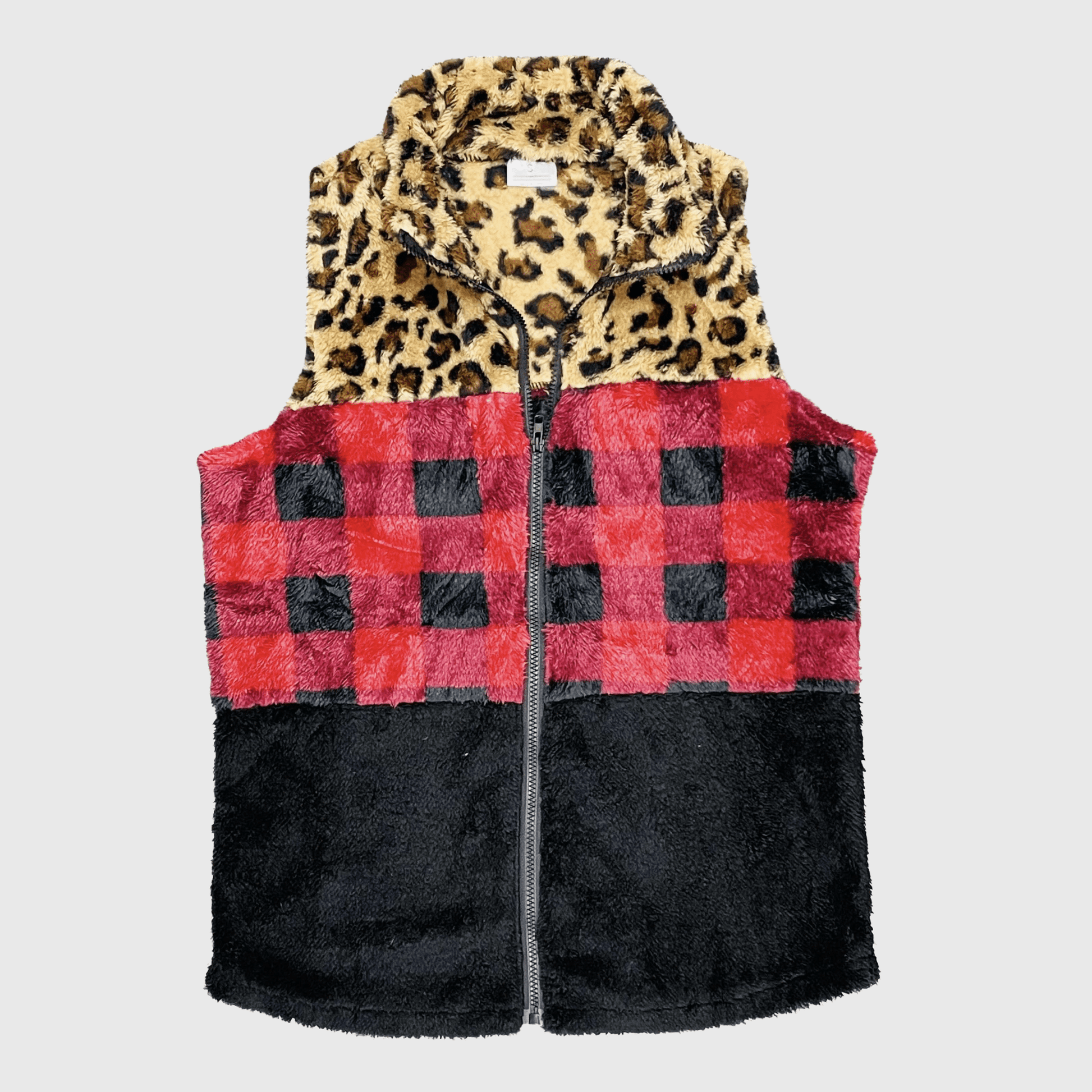 ILTEX Apparel Adult Clothing Sherpa Color Block Plaid Cheetah Vest Women
