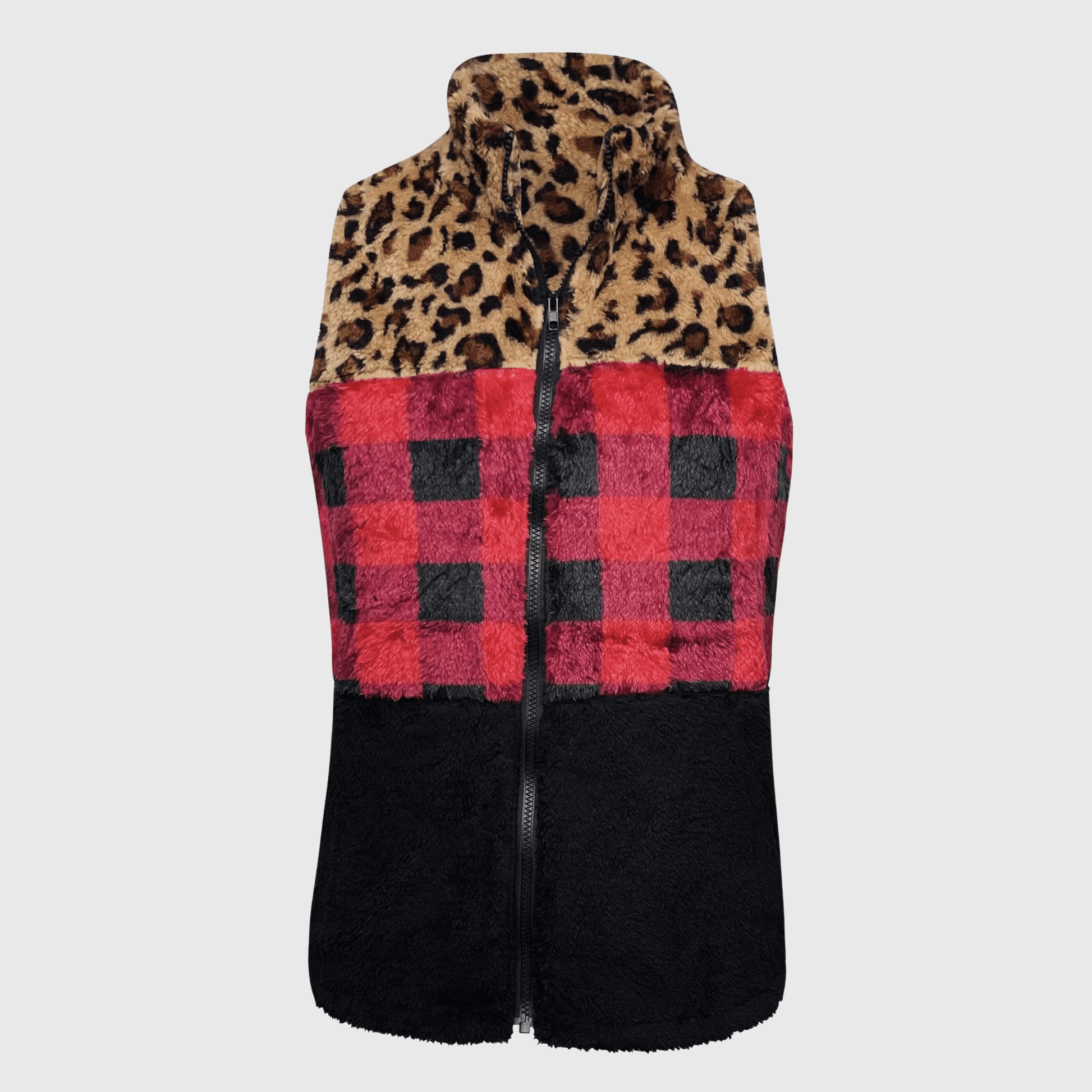 ILTEX Apparel Adult Clothing Sherpa Color Block Plaid Cheetah Vest Women
