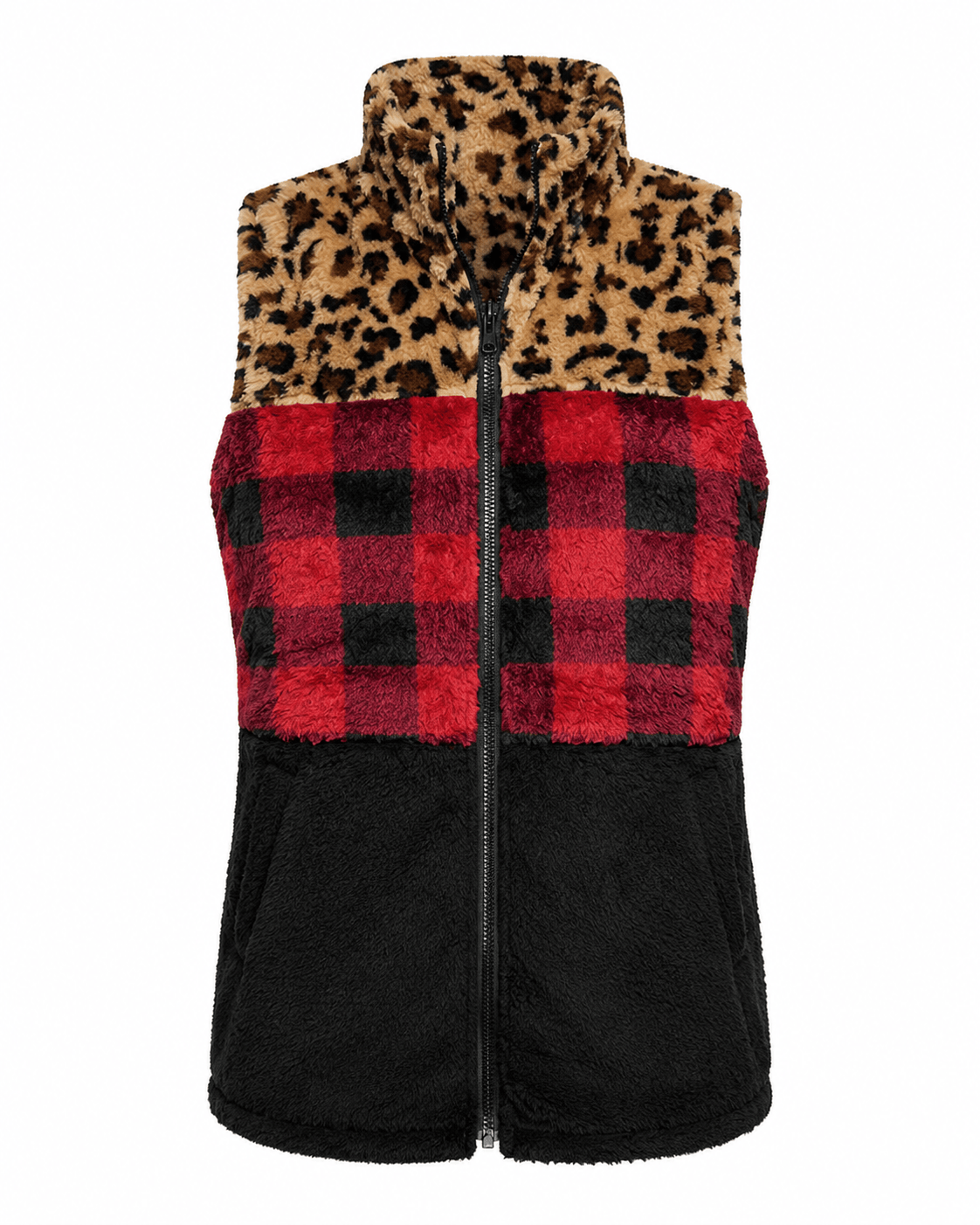 ILTEX Apparel Adult Clothing Sherpa Color Block Plaid Cheetah Vest Women