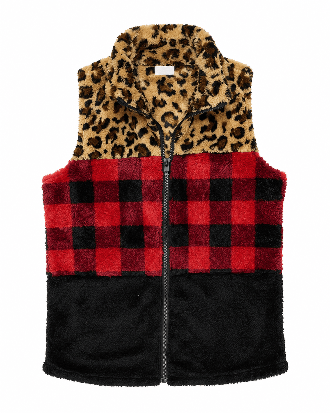 ILTEX Apparel Adult Clothing Sherpa Color Block Plaid Cheetah Vest Women