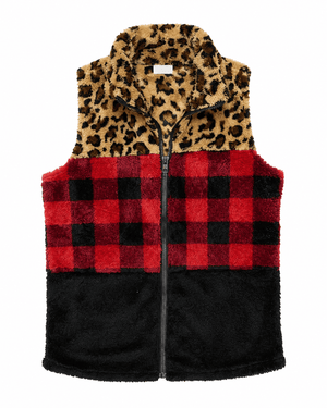 ILTEX Apparel Adult Clothing Sherpa Color Block Plaid Cheetah Vest Women