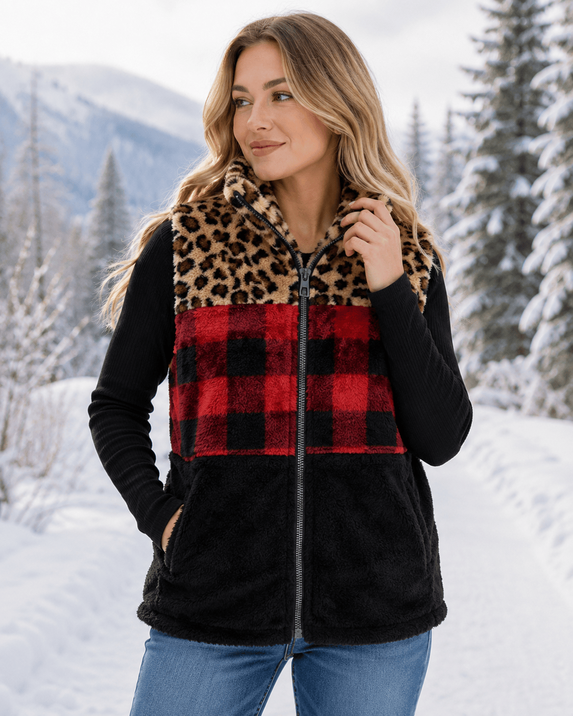 ILTEX Apparel Adult Clothing Sherpa Color Block Plaid Cheetah Vest Women