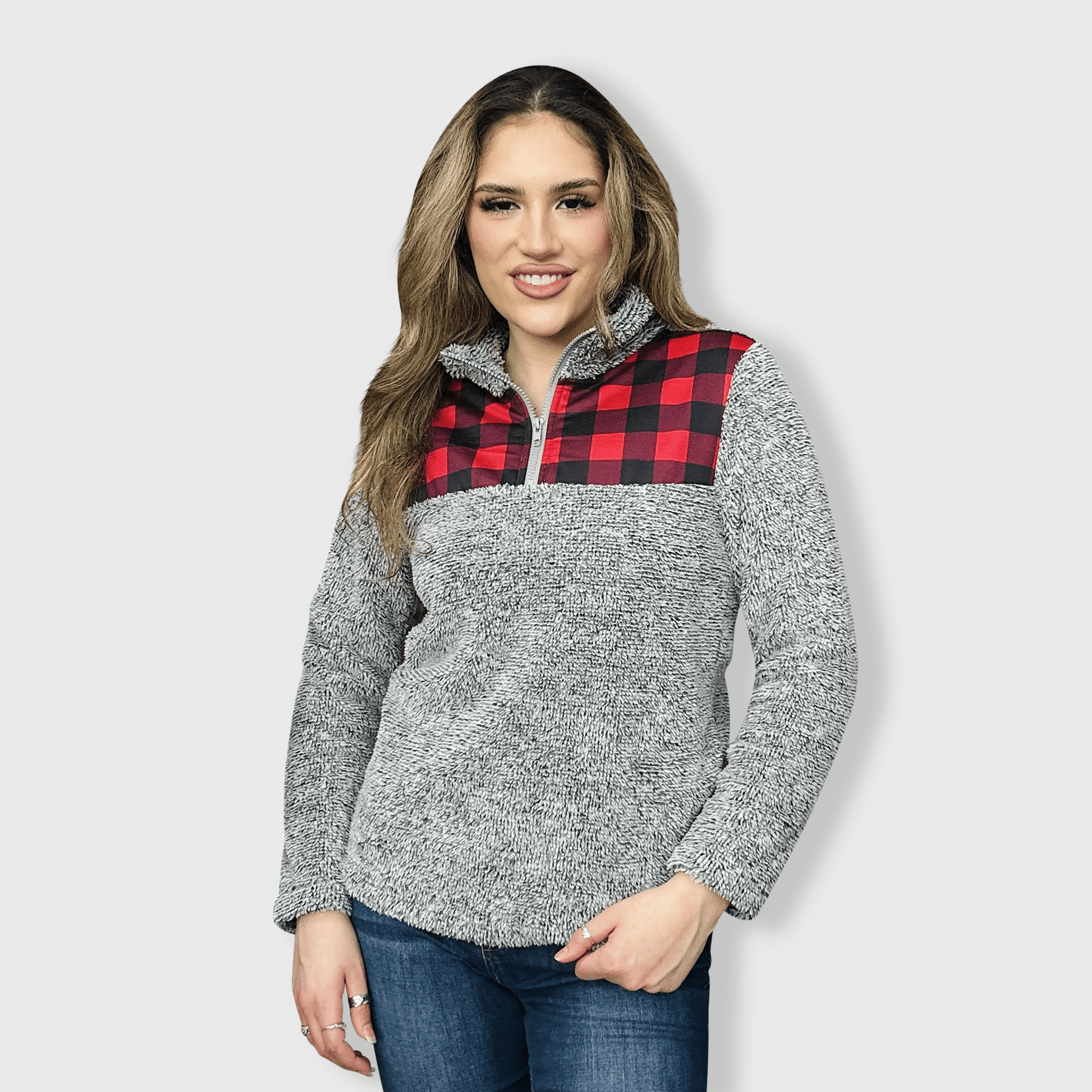 ILTEX Apparel Adult Clothing Sherpa Gray Plaid Pullover Women