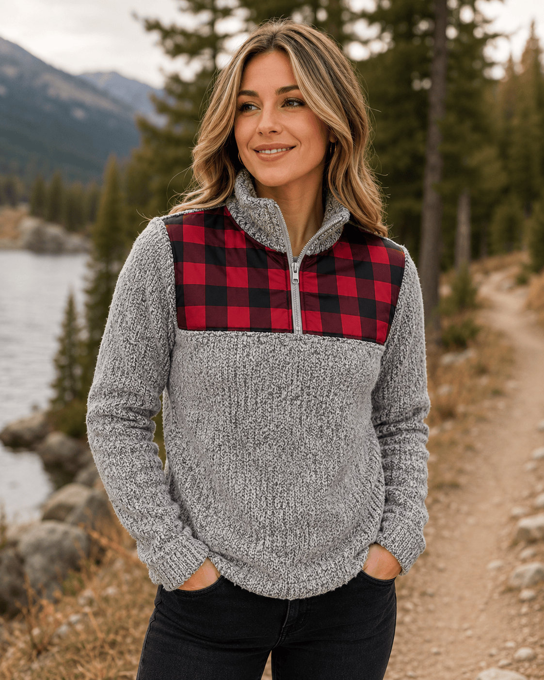 ILTEX Apparel Adult Clothing Sherpa Gray Plaid Pullover Women
