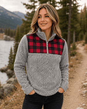 ILTEX Apparel Adult Clothing Sherpa Gray Plaid Pullover Women