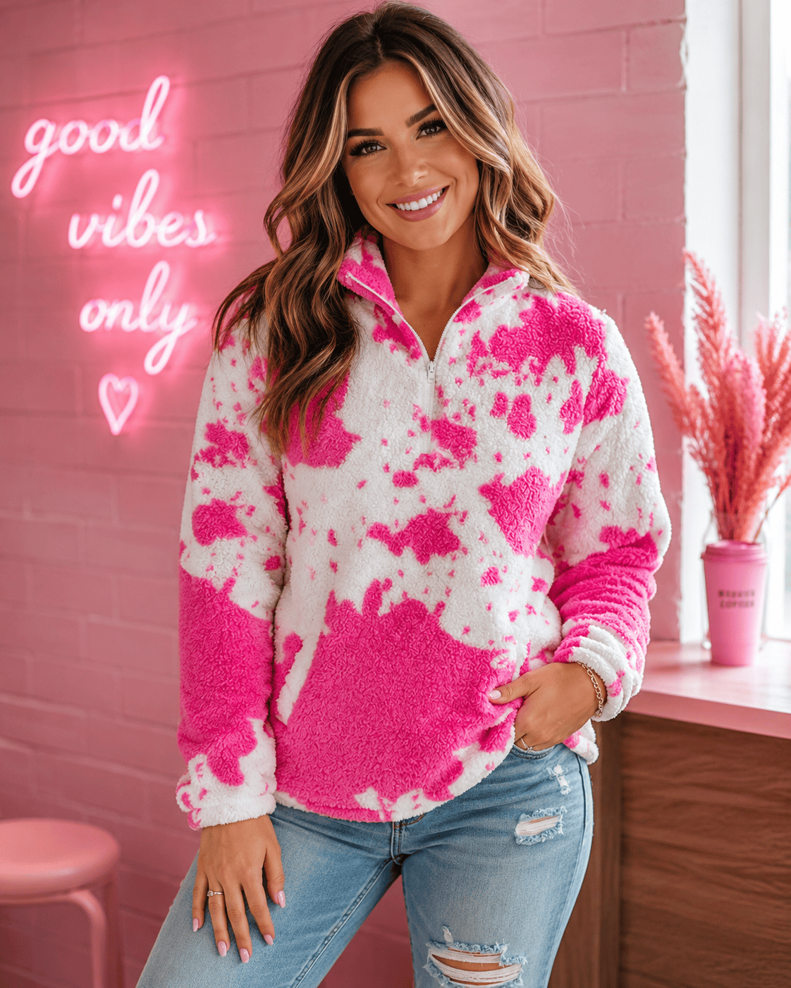 ILTEX Apparel Adult Clothing Sherpa Pink Cow Pullover Women
