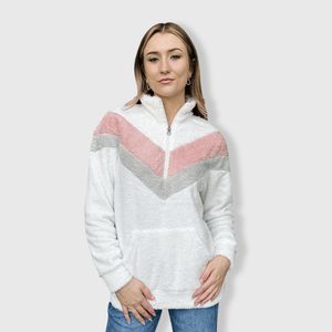 ILTEX Apparel Adult Clothing Sherpa V-Pannel Pink White Pullover Women