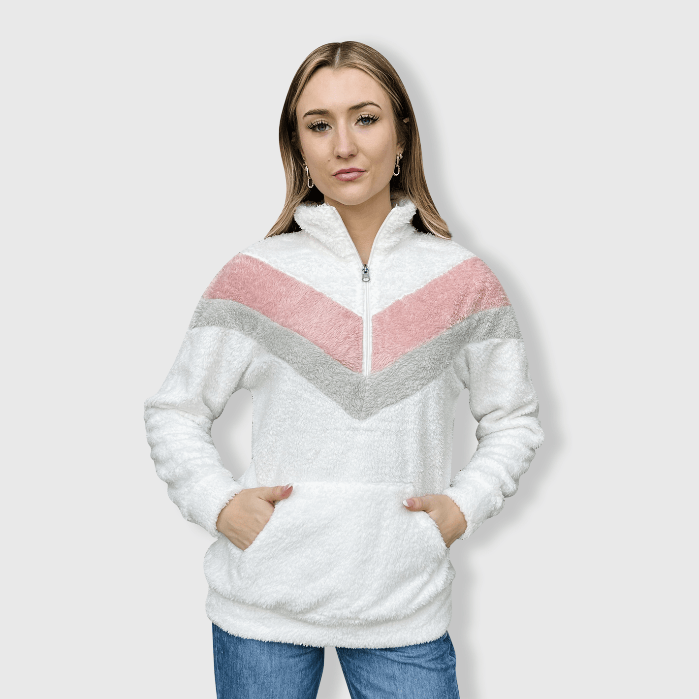 ILTEX Apparel Adult Clothing Sherpa V-Pannel Pink White Pullover Women