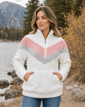 ILTEX Apparel Adult Clothing Sherpa V-Pannel Pink White Pullover Women