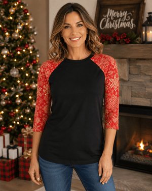 ILTEX Apparel Adult Clothing Snowflakes Gold Red Polyester Top