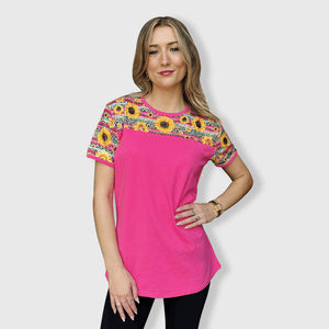 ILTEX Apparel Adult Clothing Sunflower Serape Cheetah Pink Short Sleeve Top