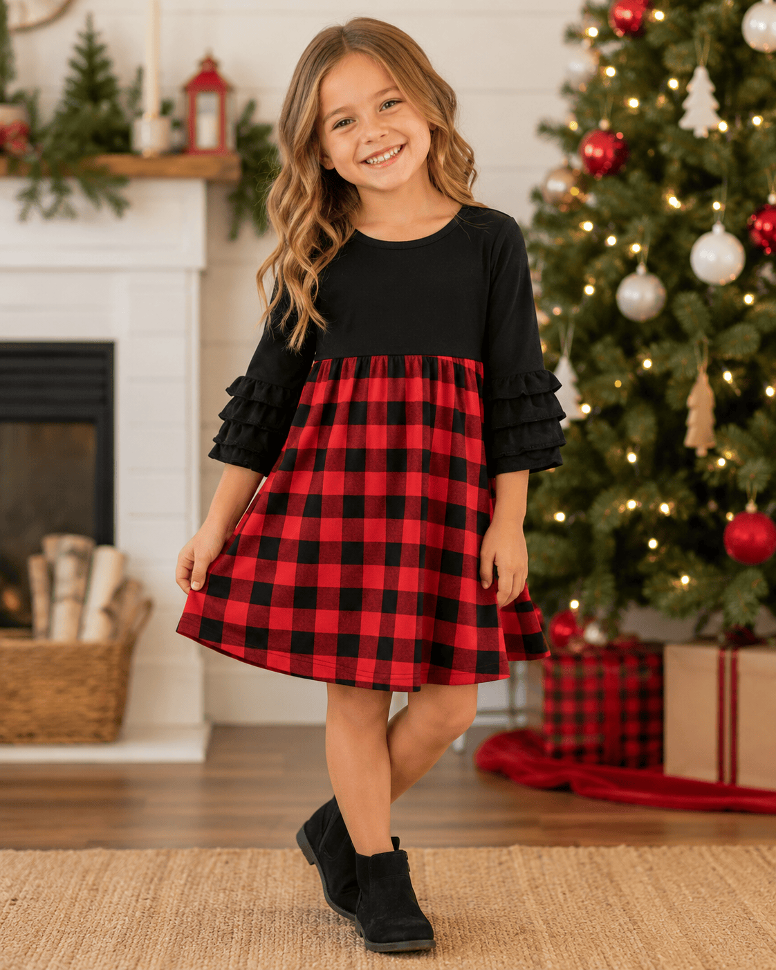 ILTEX Apparel Black Red Plaid Two Tone Dress Kids