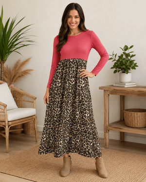 ILTEX Apparel Cheetah Red Long Sleeve Maxi Dress Women