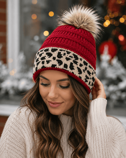 ILTEX Apparel Cheetah Red Pom Pom Beanie