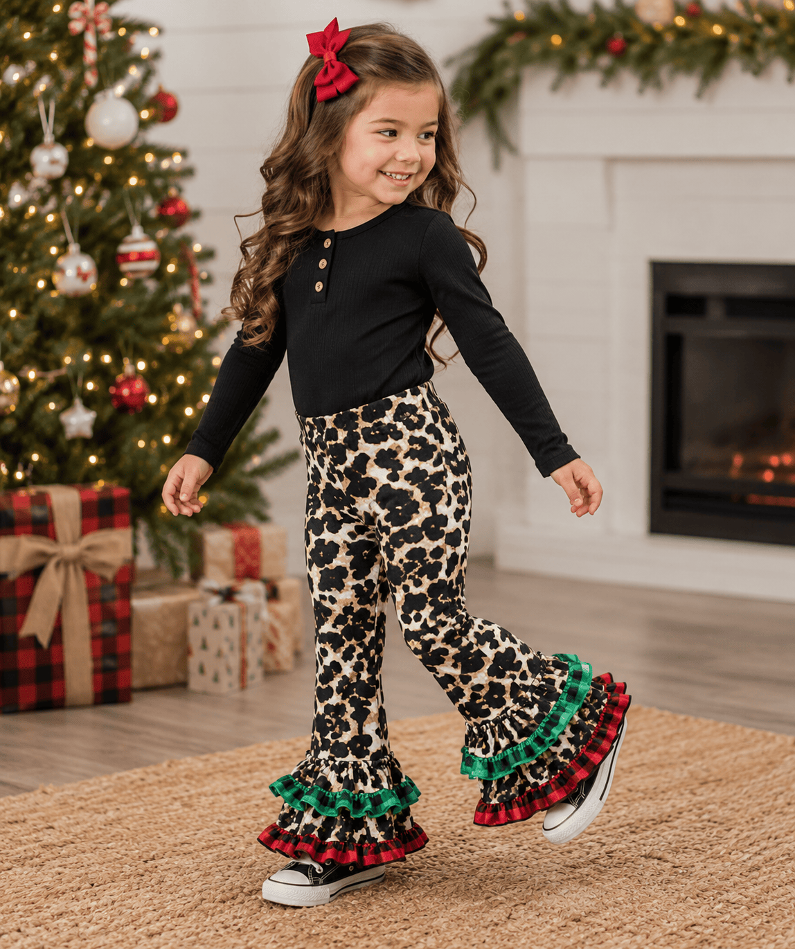 ILTEX Apparel Cheetah Ruffle Green Red Plaid Pants