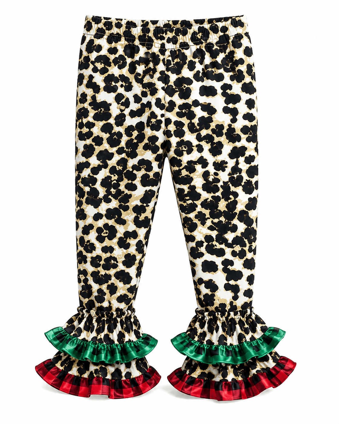ILTEX Apparel Cheetah Ruffle Green Red Plaid Pants