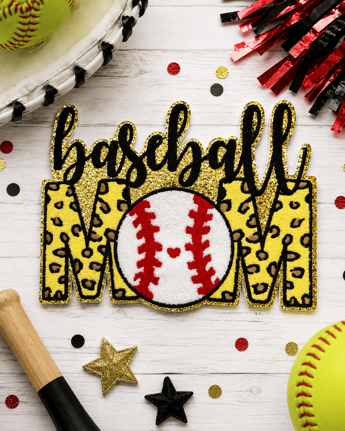 ILTEX Apparel Chenille Patches Baseball Mom CP1241 - Glitter Leopard Sports Mom Chenille Patch Collection