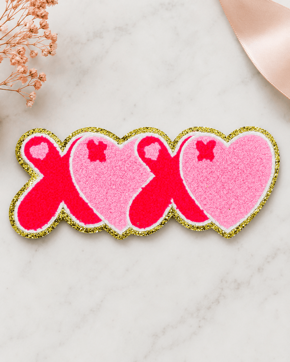 ILTEX Apparel Chenille Patches CP1029 - 'XOXO' Red Pink Heart Chenille Patch (Small)