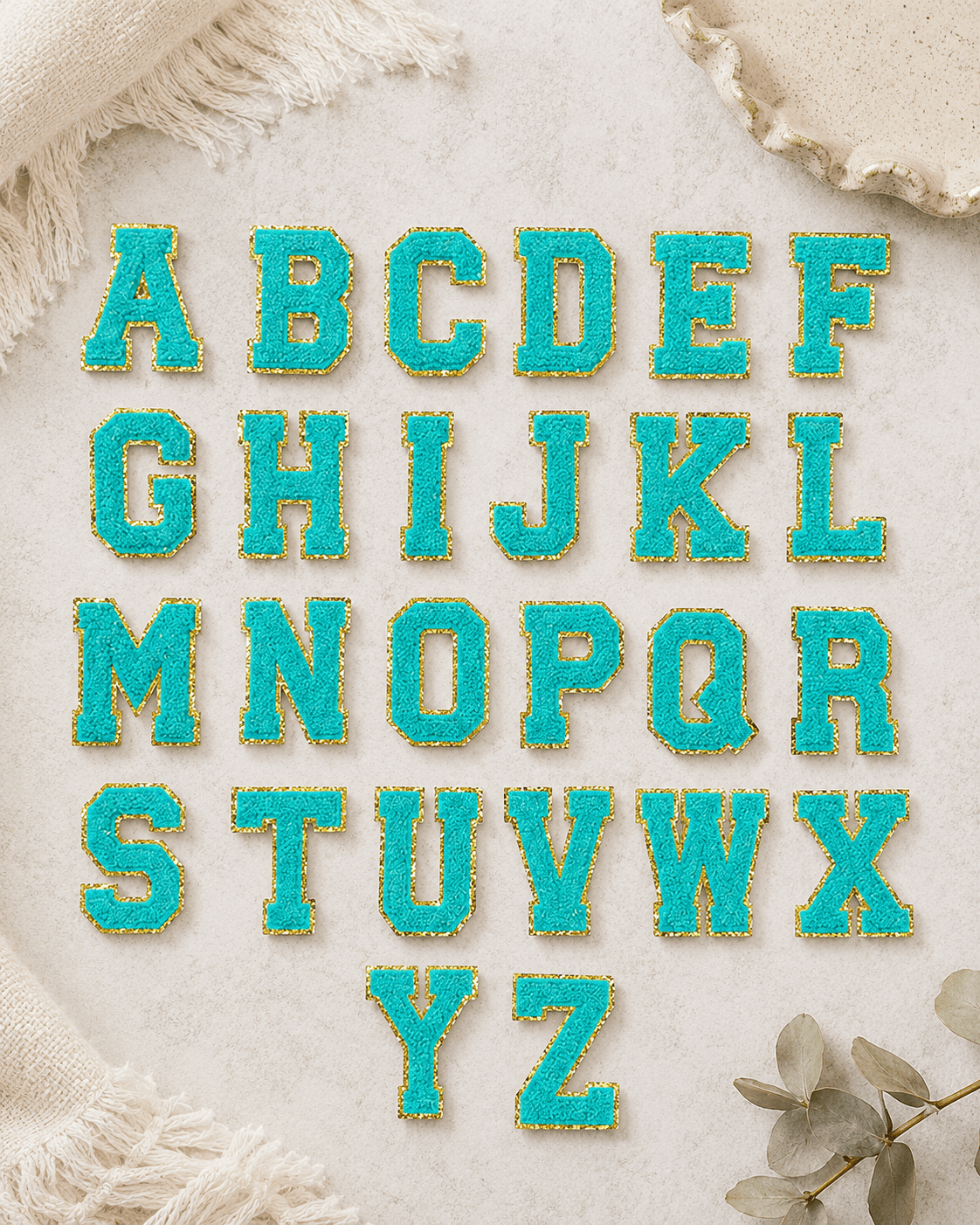 ILTEX Apparel Chenille Patches CP1093 -  Turquoise with Gold Chenille Letters