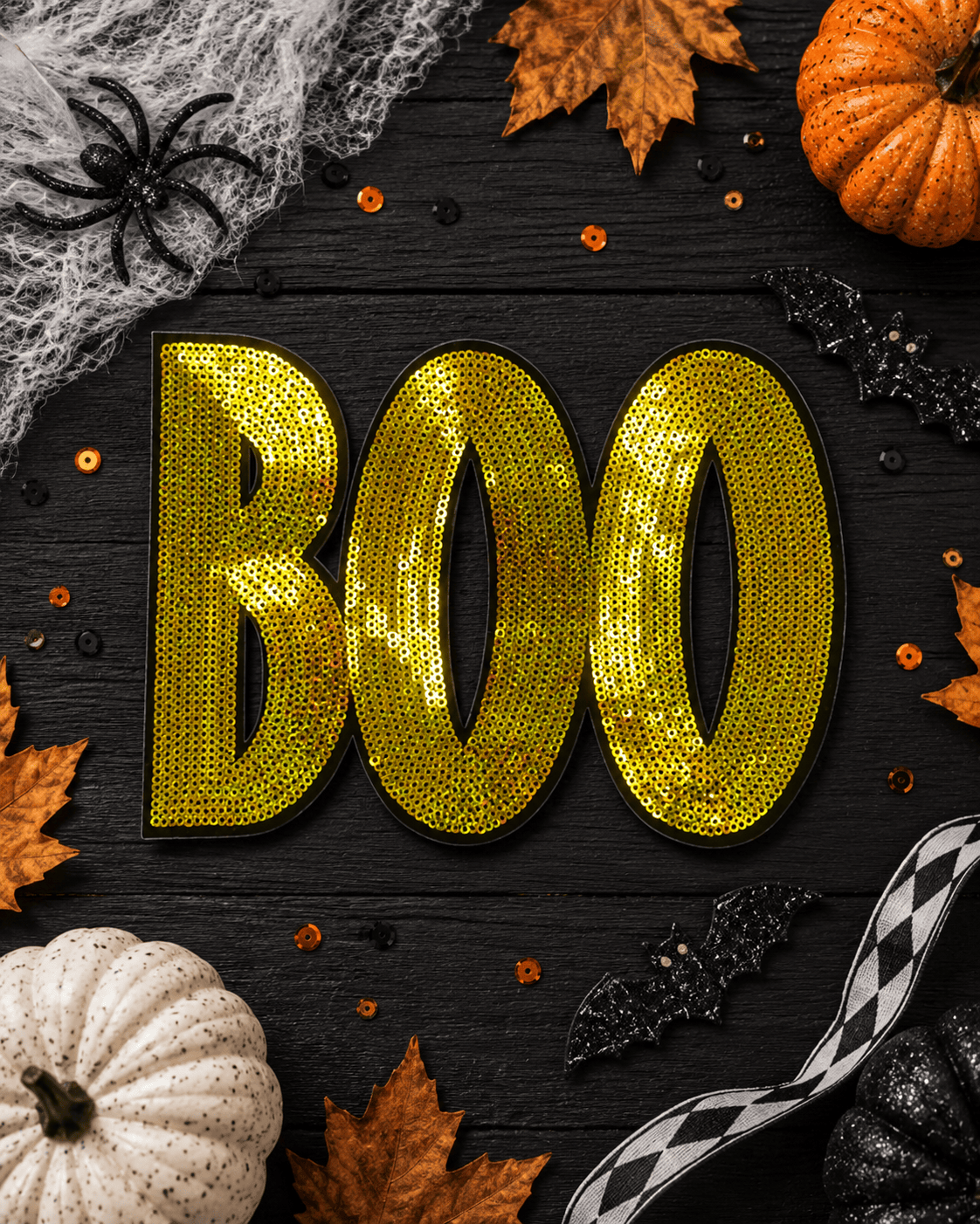 ILTEX Apparel Chenille Patches CP1103 - BOO Golden Orange Sequin Patch