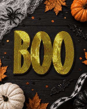 ILTEX Apparel Chenille Patches CP1103 - BOO Golden Orange Sequin Patch