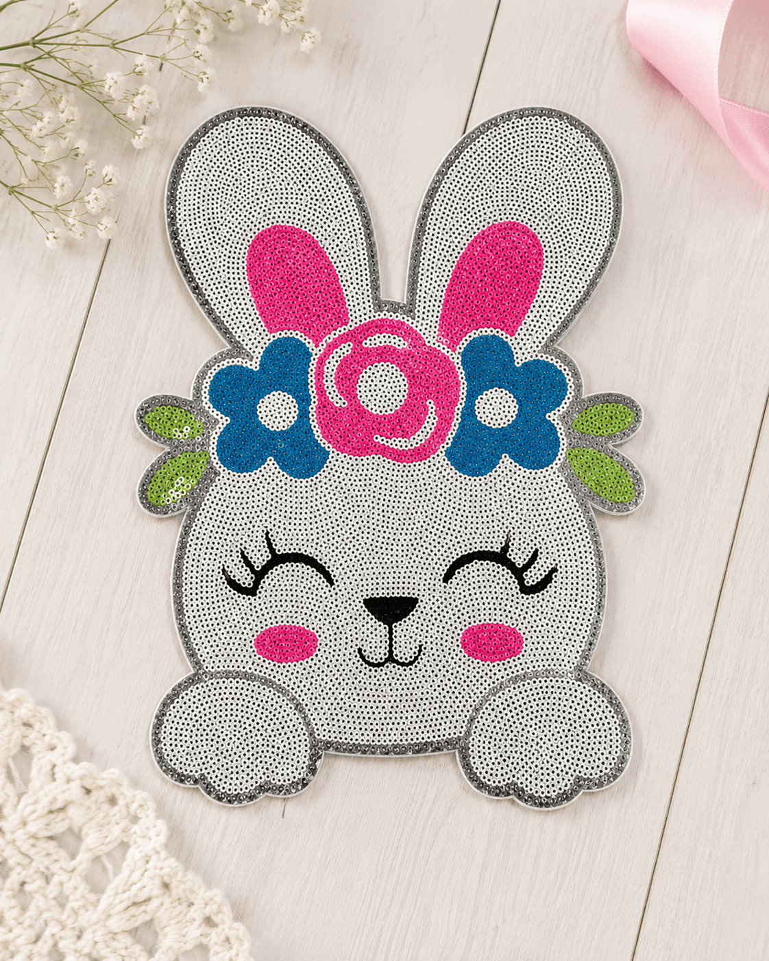 ILTEX Apparel Chenille Patches CP1194 - Flower Easter Bunny Sequin Patch