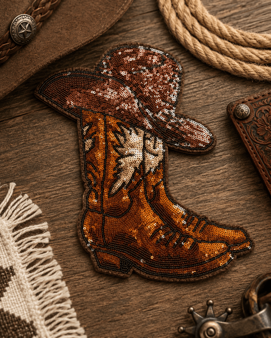 ILTEX Apparel Chenille Patches CP1218 - Brown Cowboy Boots & Hat Sequin Patch