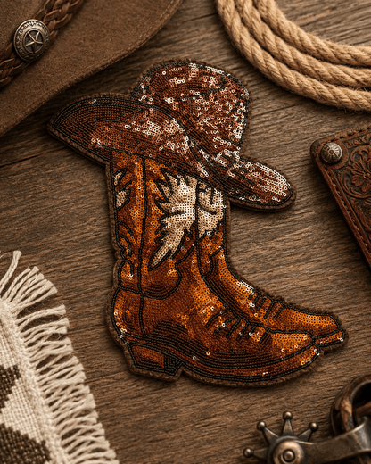 ILTEX Apparel Chenille Patches CP1218 - Brown Cowboy Boots & Hat Sequin Patch