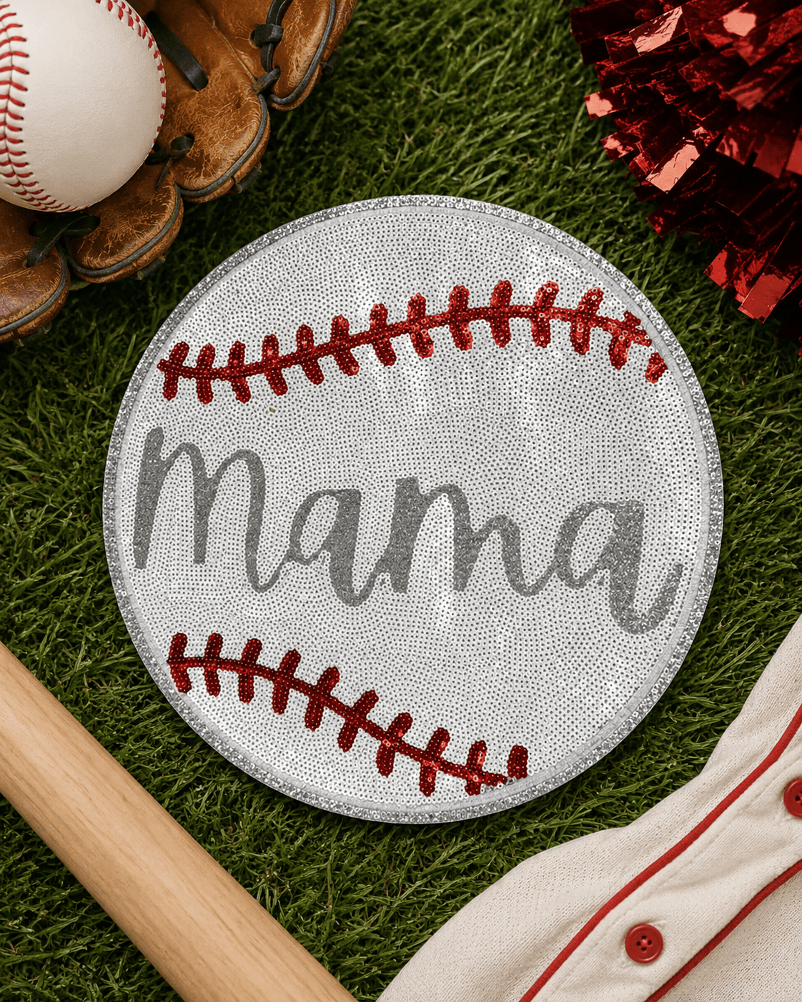 ILTEX Apparel Chenille Patches CP1220 - Silver Sequin Mama Baseball Patch