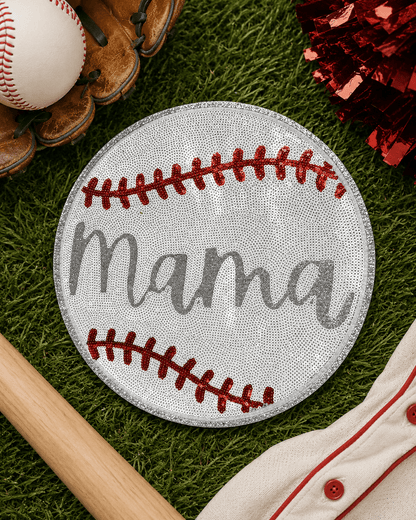 ILTEX Apparel Chenille Patches CP1220 - Silver Sequin Mama Baseball Patch