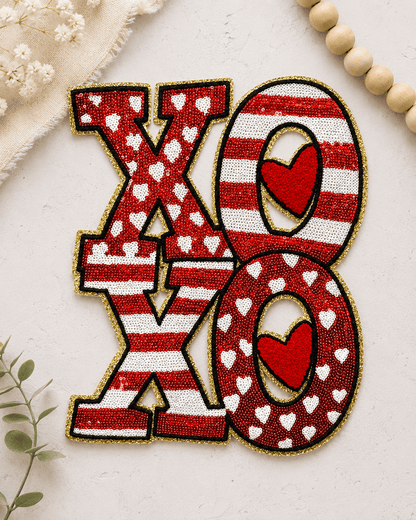 ILTEX Apparel Chenille Patches CP1234 - XOXO Striped Heart Sequin Patch