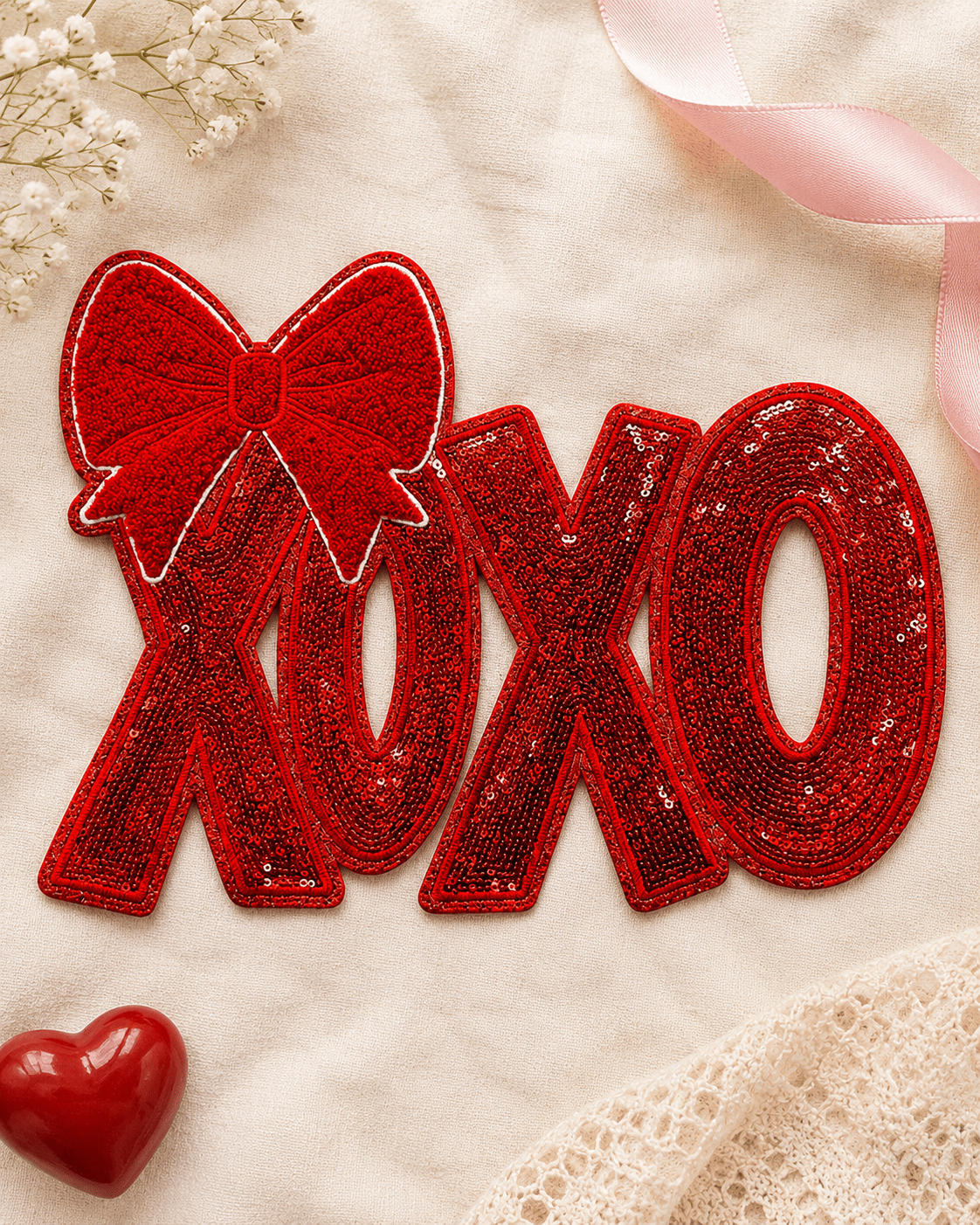 ILTEX Apparel Chenille Patches CP1242 - XOXO Bow Sequin Patch 2.0
