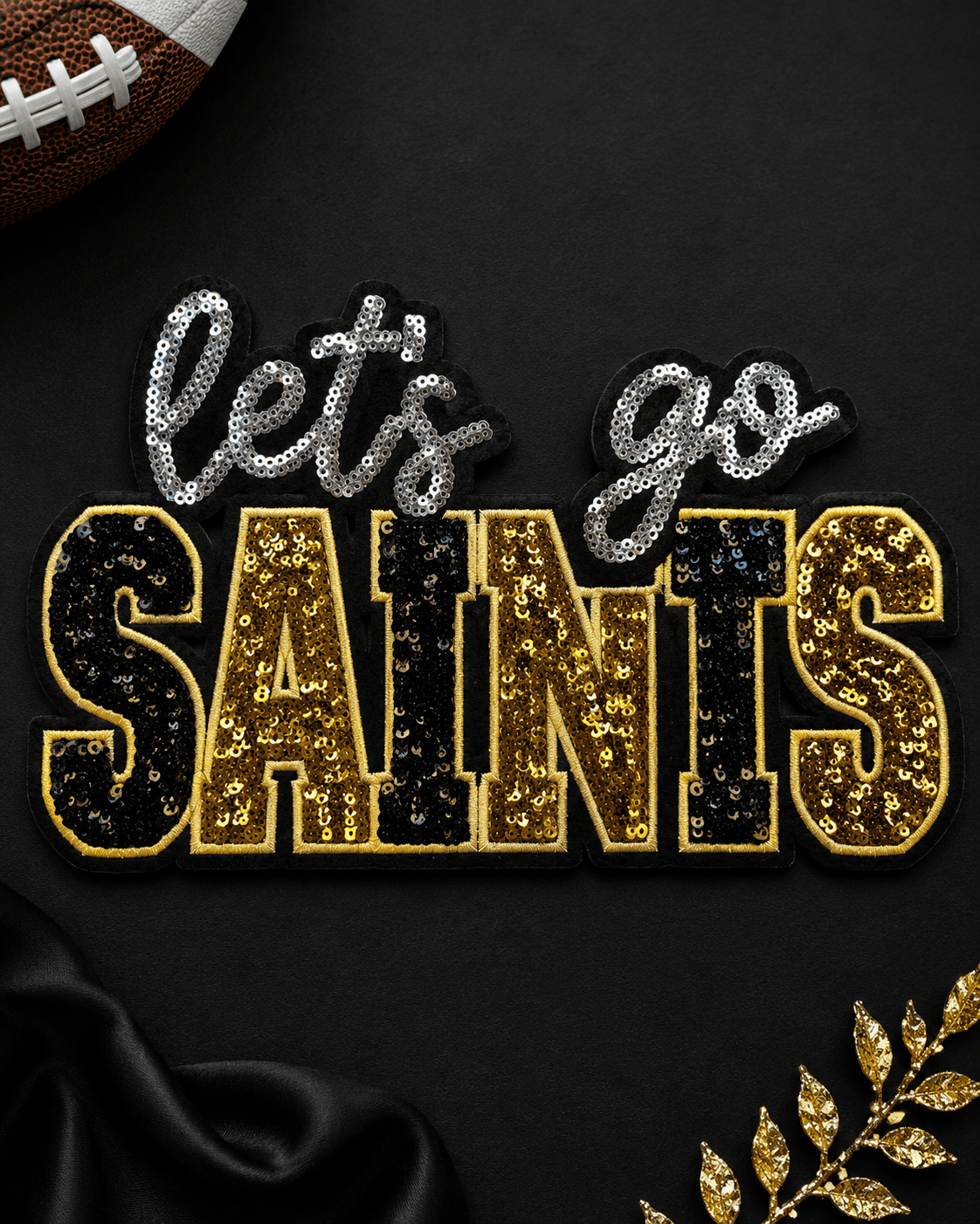 ILTEX Apparel Chenille Patches CP1253 Let's Go Saints Sequin Patch