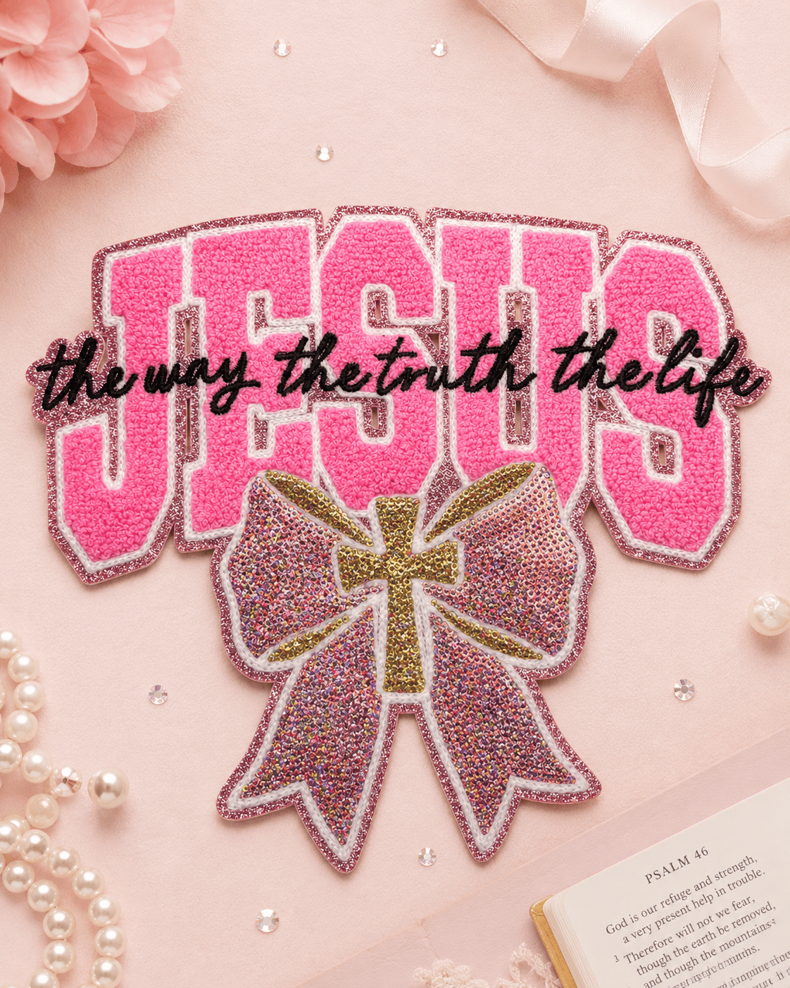 ILTEX Apparel Chenille Patches CP1257- Jesus Pink Bow Patch