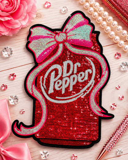 ILTEX Apparel Chenille Patches Dr Pepper CP1224 - Sequin Soda Can Patch with Bow