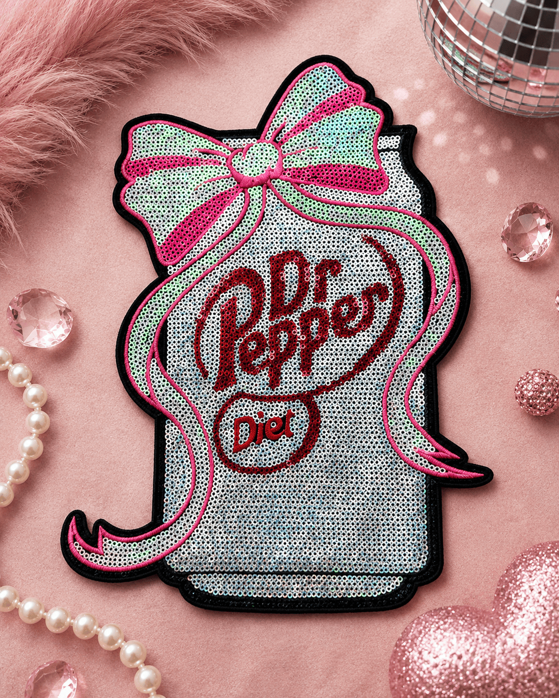 ILTEX Apparel Chenille Patches Dr Pepper Diet CP1224 - Sequin Soda Can Patch with Bow
