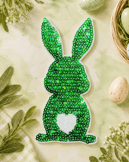 ILTEX Apparel Chenille Patches Green CP1052 - Easter Rabbit Chenille Sequin Patch (Small)