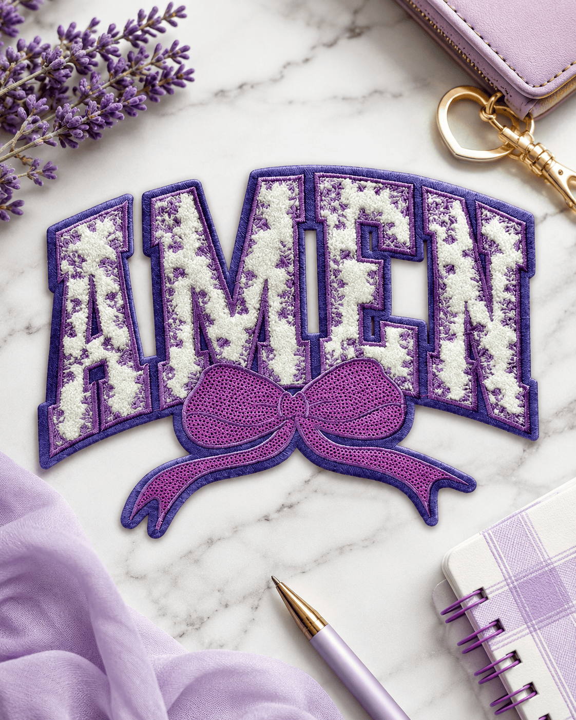 ILTEX Apparel Chenille Patches Lavender CP1240 - Amen Floral Chenille Bow Patch