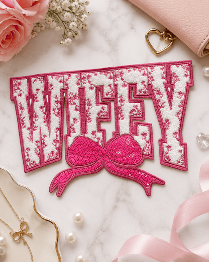 ILTEX Apparel Chenille Patches Pink CP1233 - Wifey Floral Chenille Bow Patch