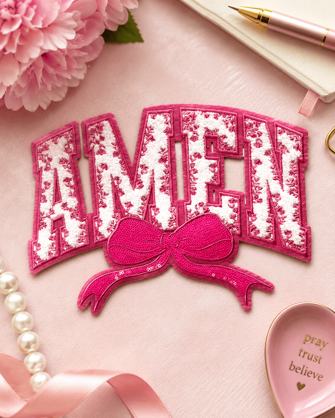 ILTEX Apparel Chenille Patches Pink CP1240 - Amen Floral Chenille Bow Patch